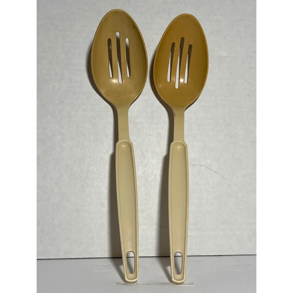 Vintage Ekco Kitchen Utensil 4pc Slotted Spatula Spoons Pasta Server Brown Tan